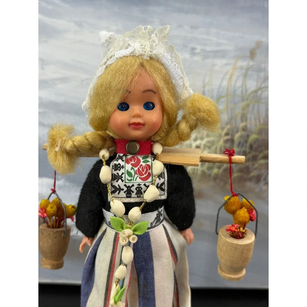 Vintage Dutch Souvenir Doll Traditional Netherlands Folk Dress Yoke Buckets 7in